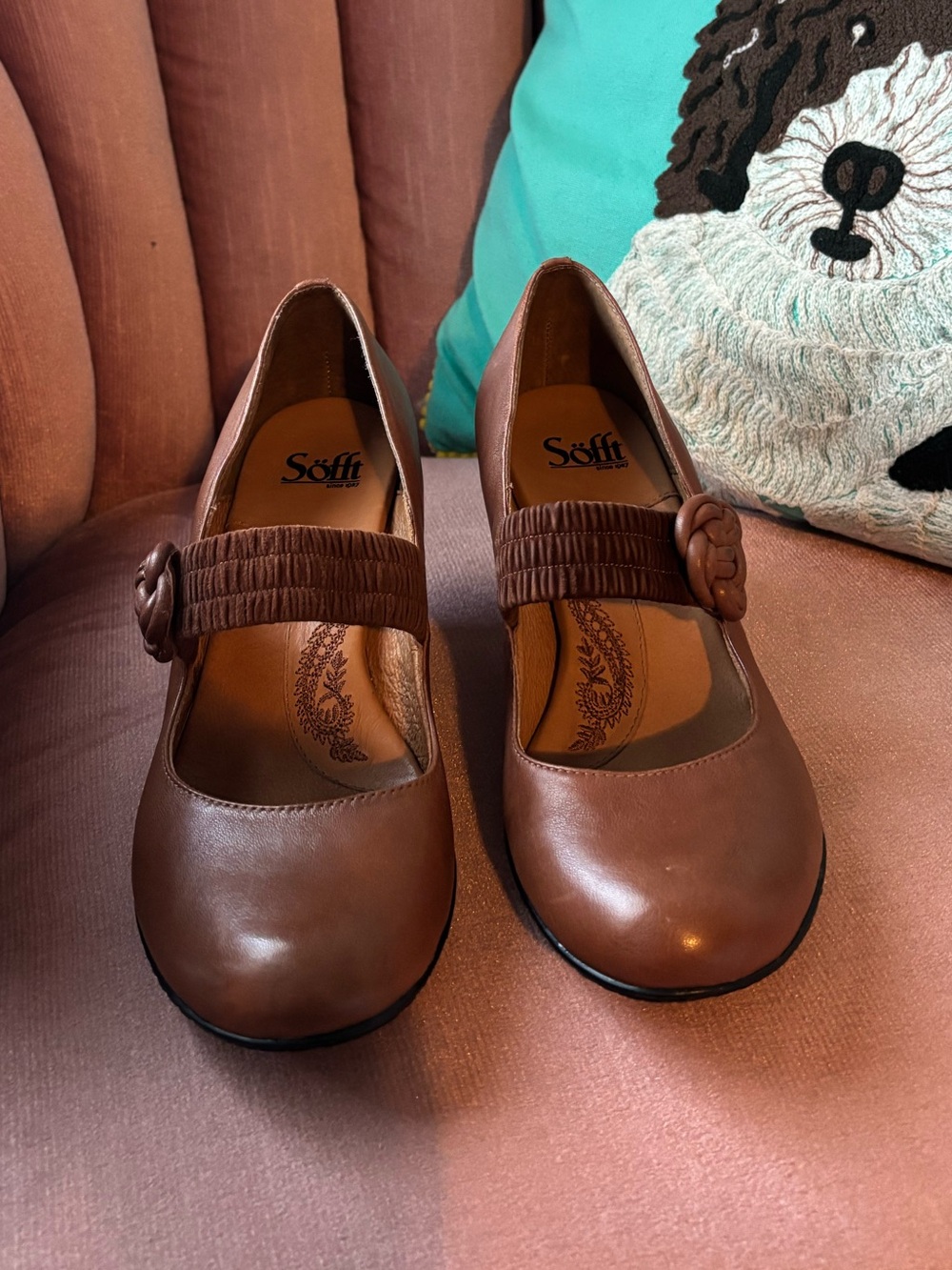 Söfft Brown Leather Mary Jane Flats with Decorative Strap